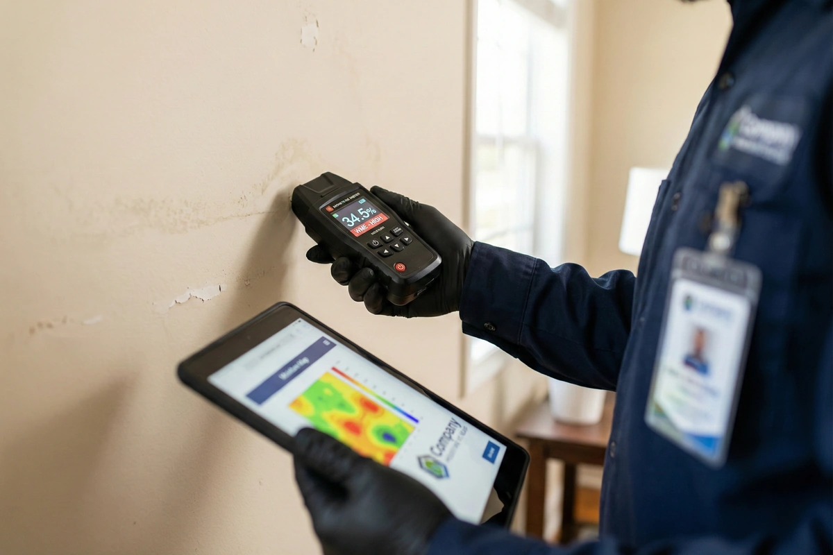 Technician using moisture meter for precise damage assessment