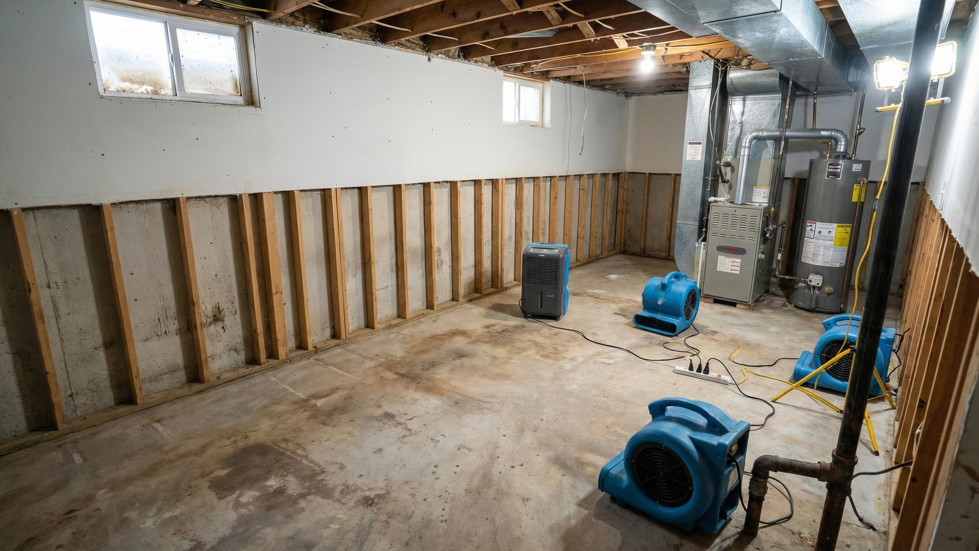 Basement after professional water damage cleanup - dried, cleaned, and ready for contractor reconstruction