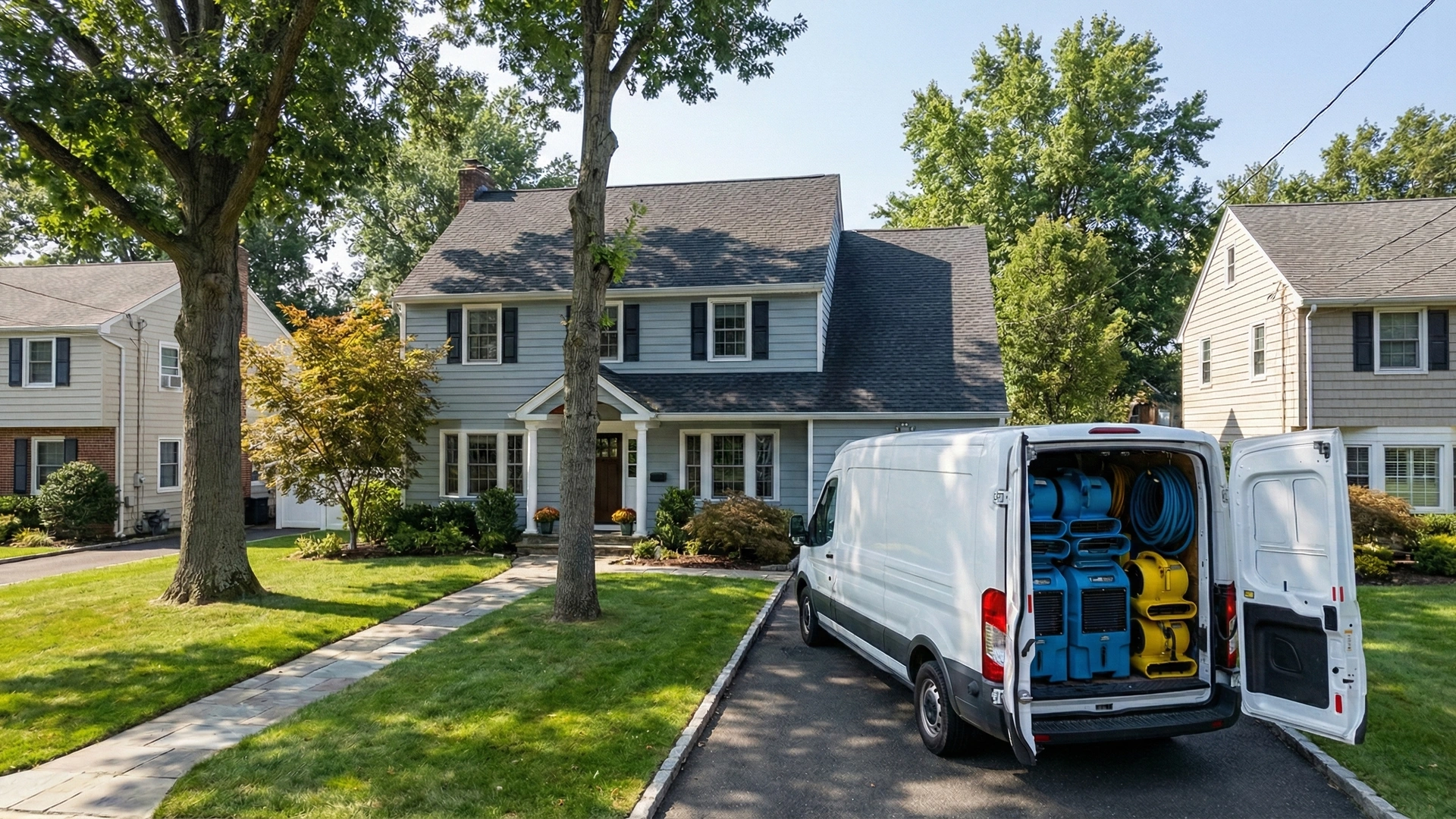 Professional restoration service van at New Jersey suburban home