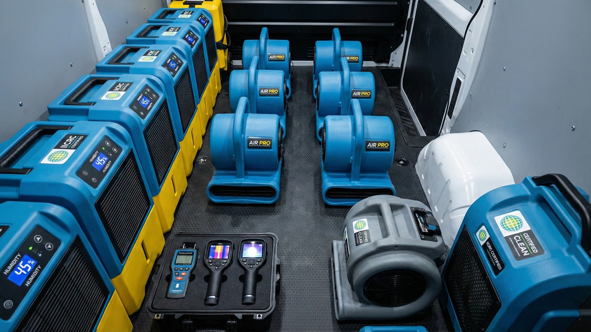Professional restoration equipment including dehumidifiers, air movers, and moisture meters