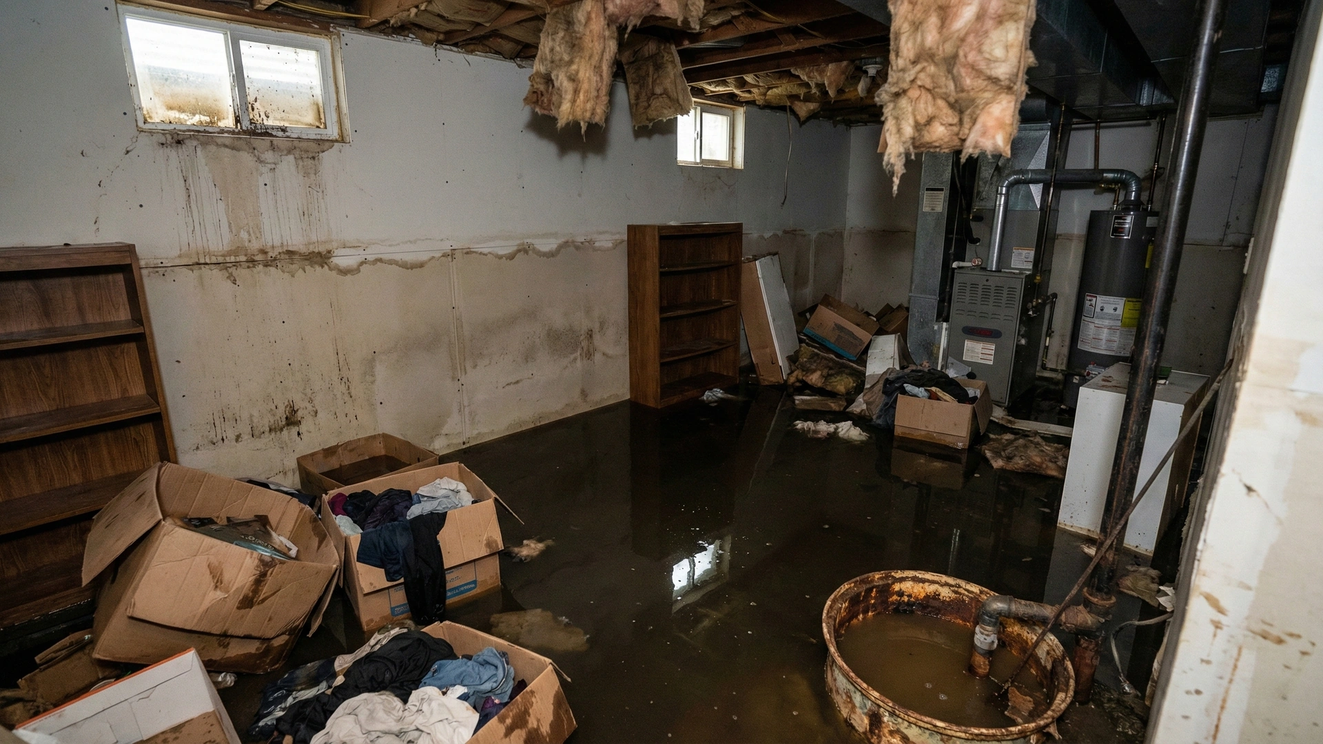 Severe water damage in basement before restoration - standing water and damaged walls