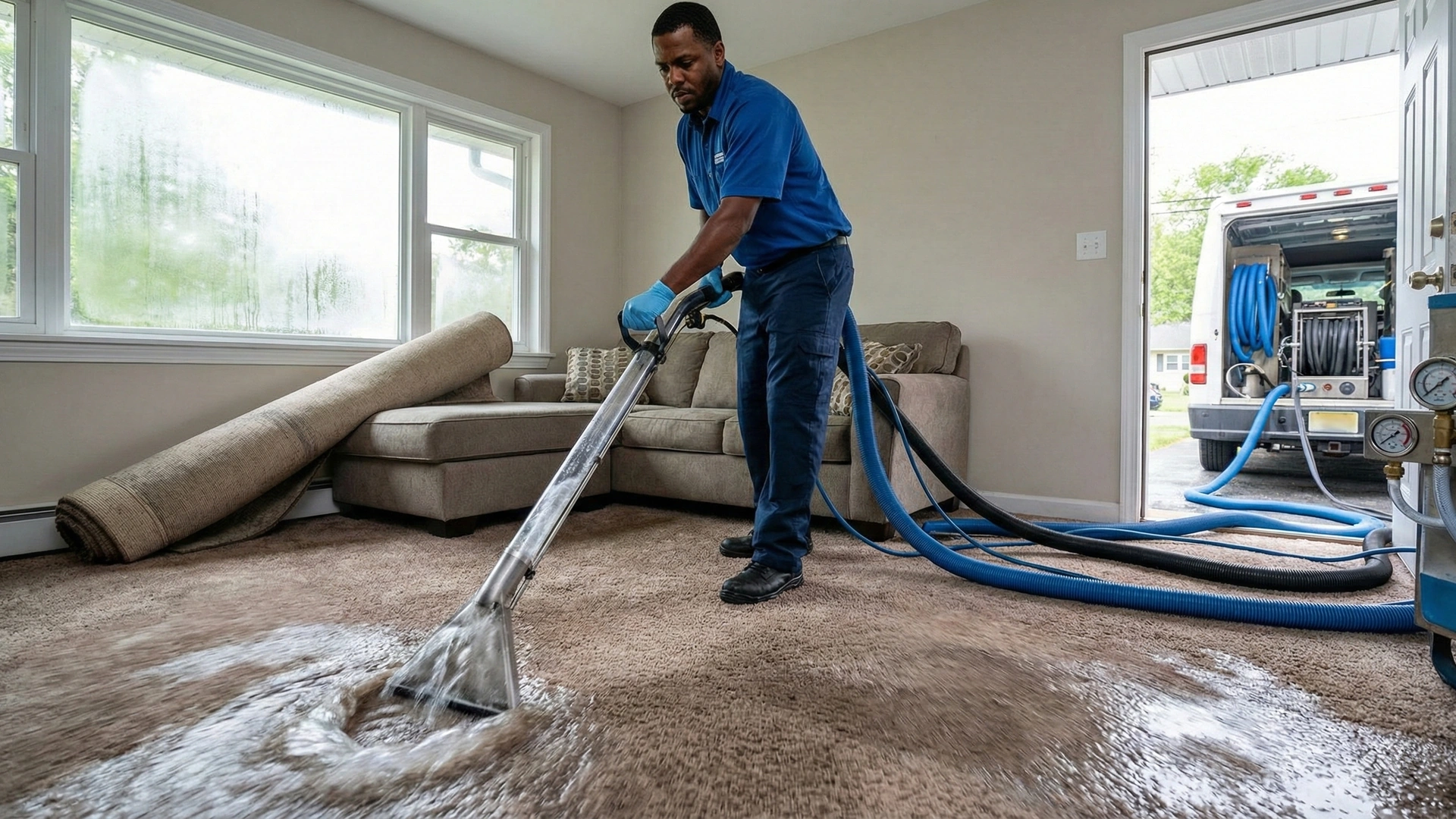 Professional water extraction in progress using truck-mount equipment